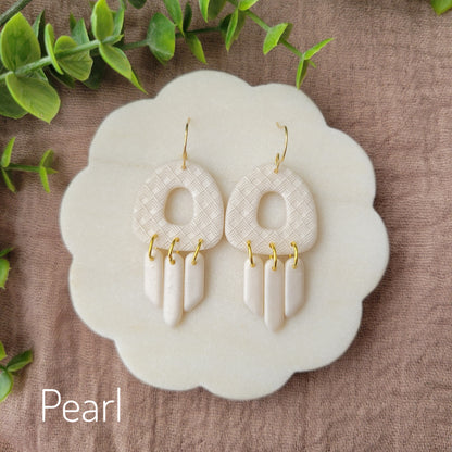 Top view of a pair of pearl earrings with lattice texture displayed on a white round scalloped tray.
